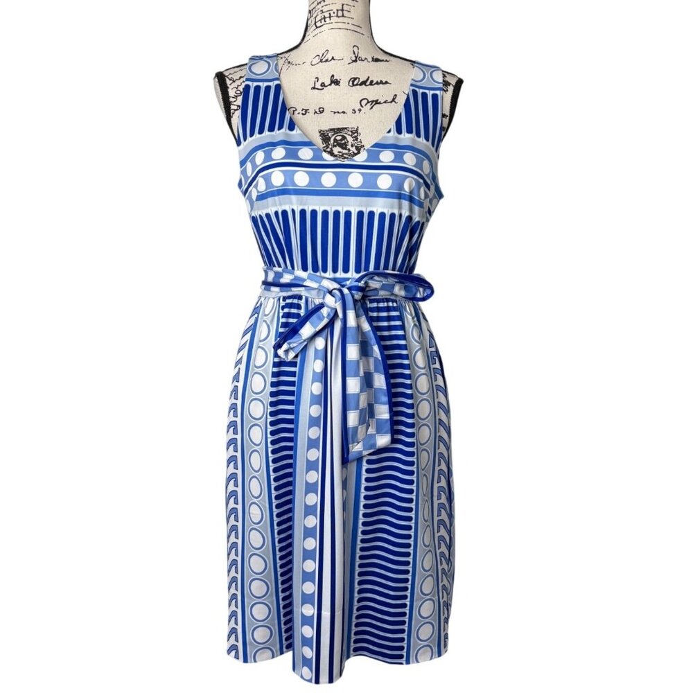 Gretchen Scott Blue & White Print Sleeveless Dress Belted Womens Size S